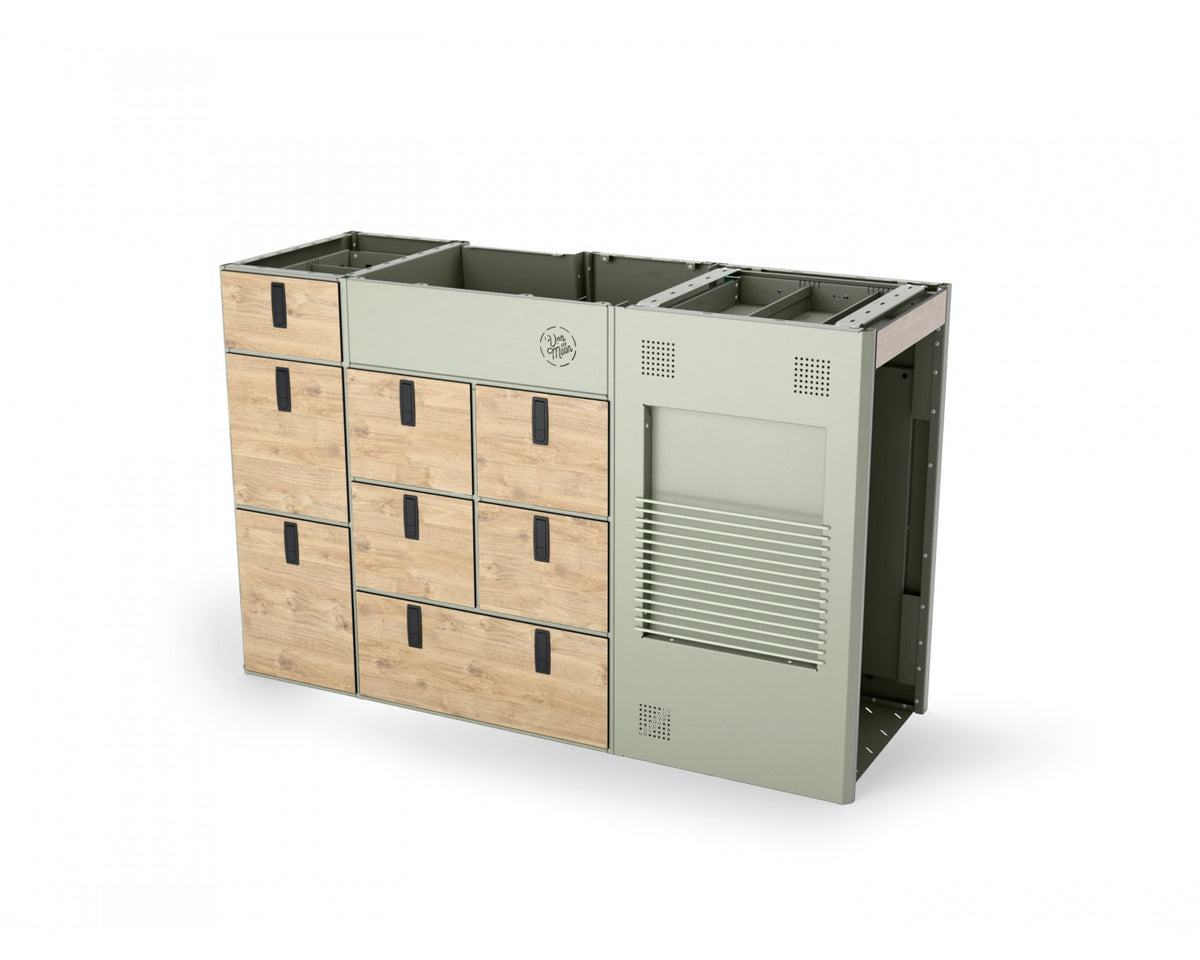 Moon Kitchen Solid Model 1 UK RAL 7033 drawer above fridge 1